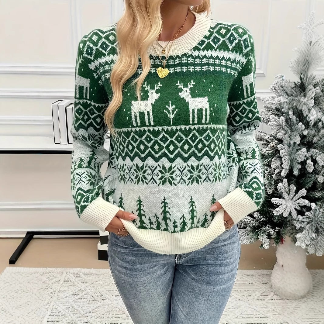 Retro-Weihnachtspullover für Damen mit Rentier-Jacquard