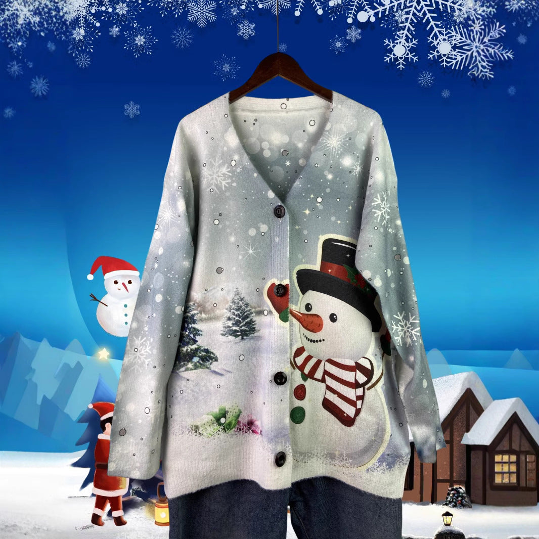Festliche Strickjacke mit Weihnachtsmotiven, V-Ausschnitt