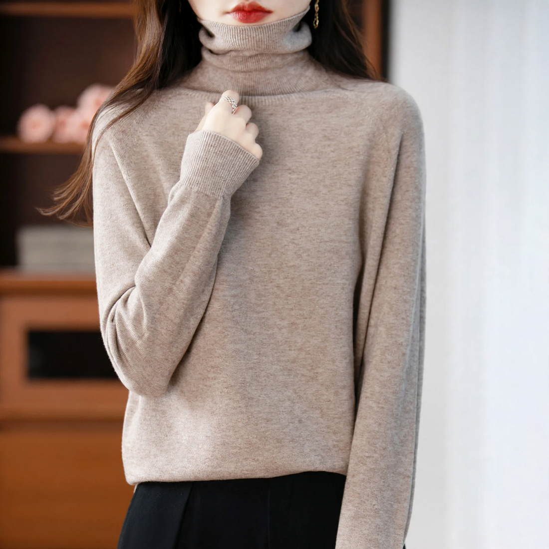 Damen-Strickpullover mit hohem Kragen, locker