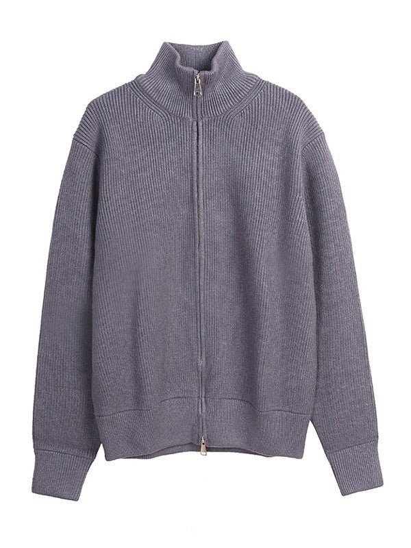 Lockerer Damen-Strickpullover mit Reißverschluss und Stehkragen