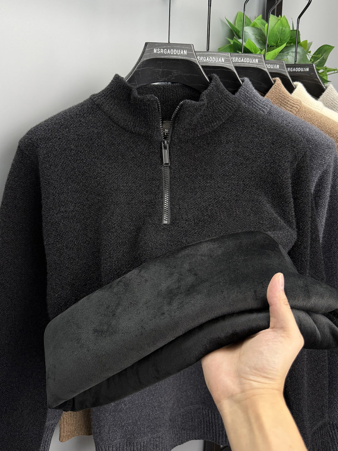 Herren-Pullover mit Reißverschluss, gefüttert, Stehkragen