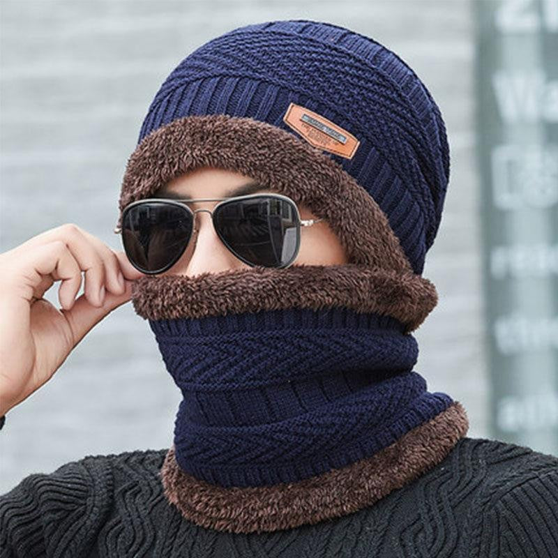 Gefüttertes Strickmützen- und Schal-Set für Herren