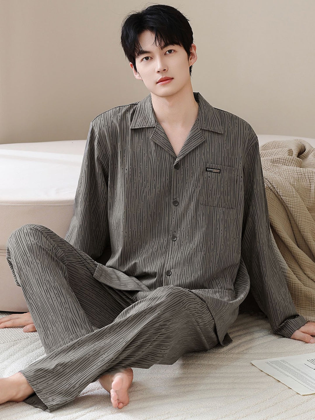Herren-Pyjama-Set, Baumwolle, Langarm, klassisch