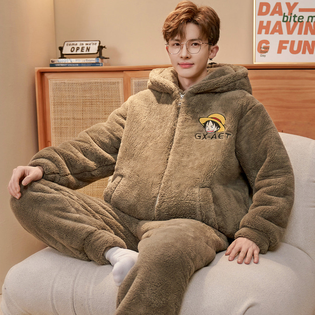Herren-Pyjama-Set, Korallenfleece, gefüttert, warm