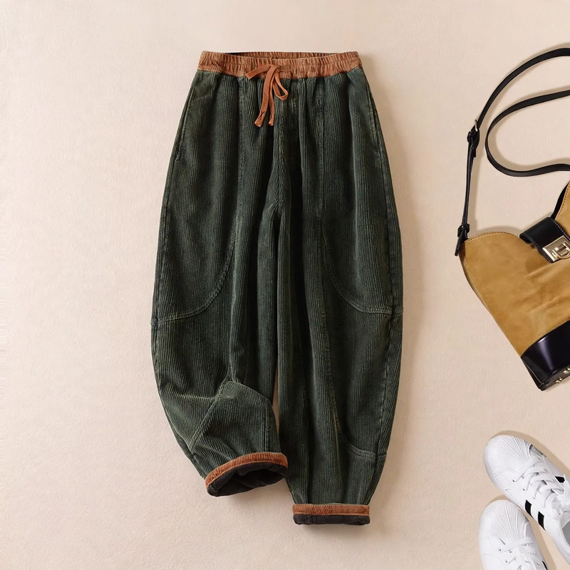 Damen-Cordhose, gefüttert, mit Bindegürtel, schmal zulaufend