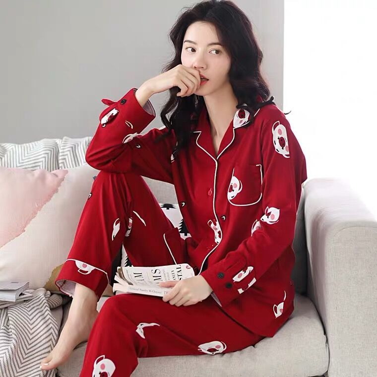 Damen-Pyjama-Set, Baumwolle, Langarm, Cartoon-Design