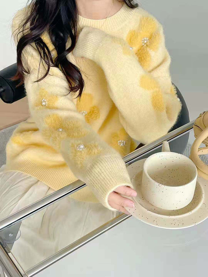 Damen-Strickpullover mit Blumenmuster und Perlenbesatz