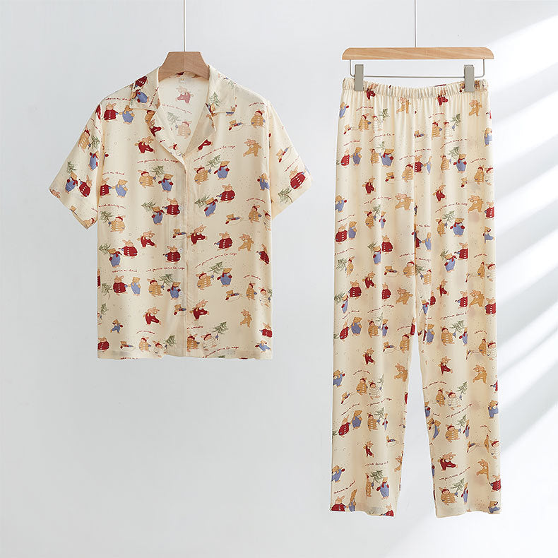 Damen-Pyjama-Set, Baumwolle, gebürstet, Weihnachts-Hasen-Druck