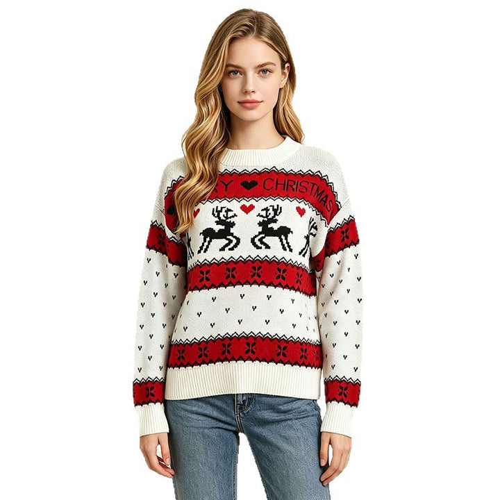Lockerer Damen-Weihnachtspullover mit Rentier-Jacquard