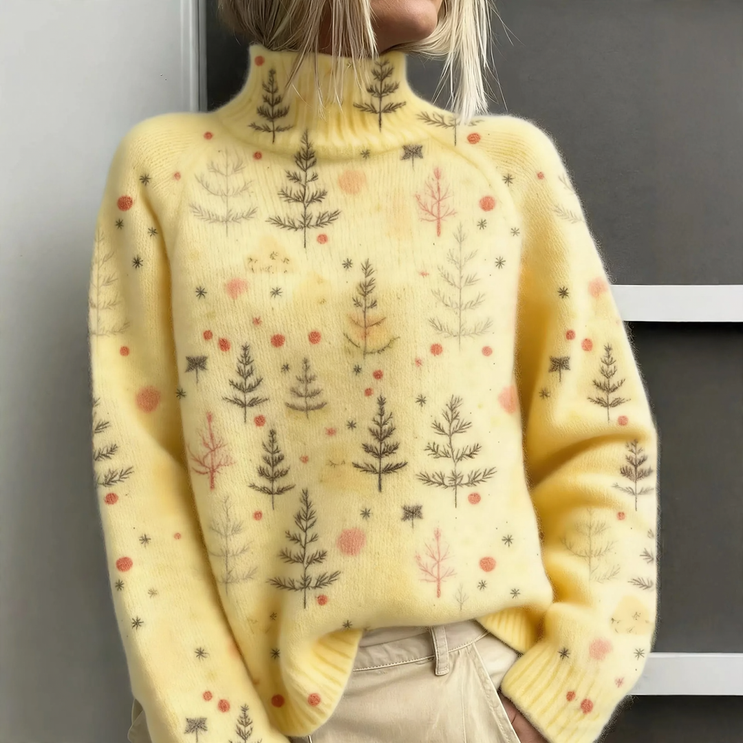 Lockerer Damen-Pullover mit Rollkragen und Weihnachts-Print