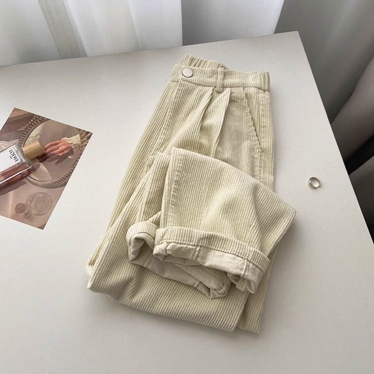 Damen-Cordhose, weit geschnitten, hoch tailliert, gesteppt