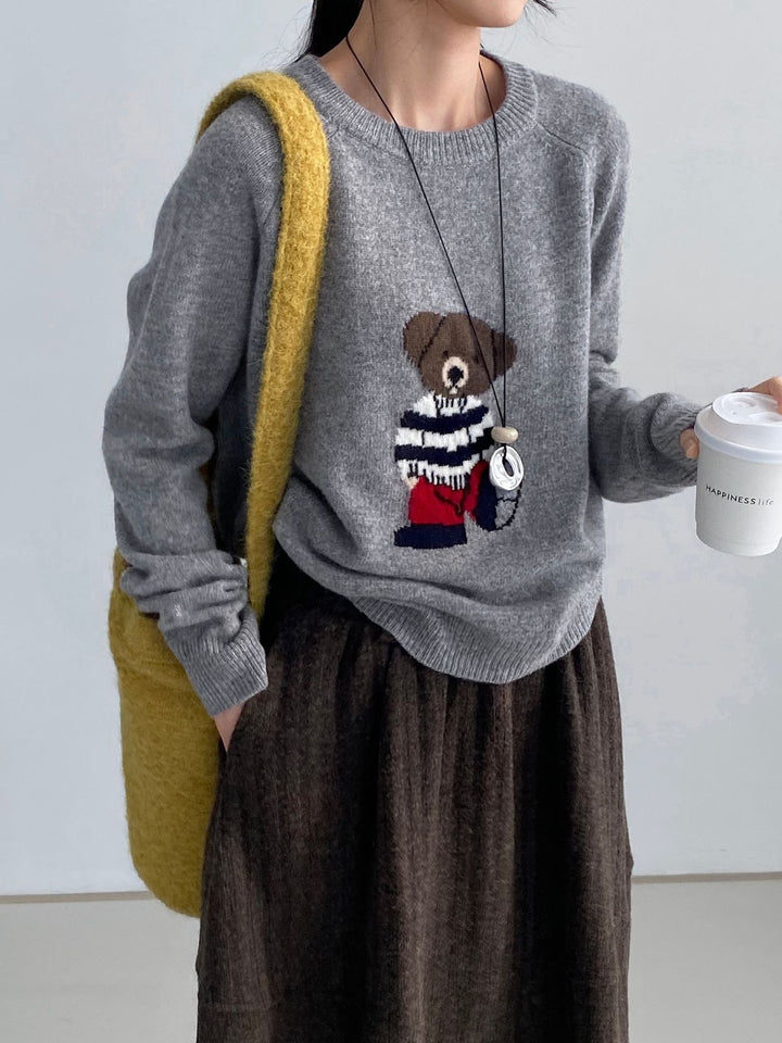 Damen-Strickpullover, Rundhalsausschnitt, Bären-Stickerei