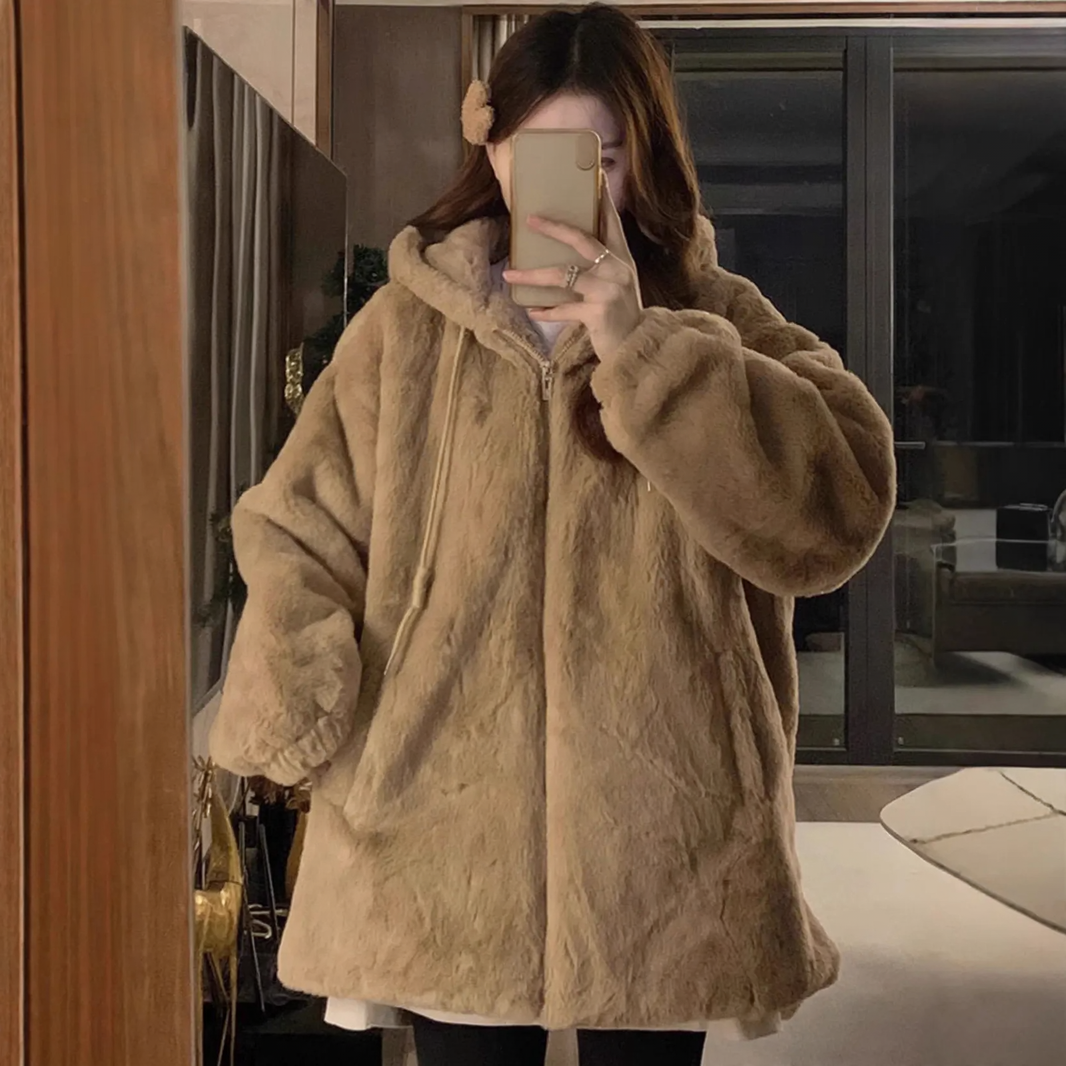 Lässige Lammfleece-Kapuzenjacke für Damen
