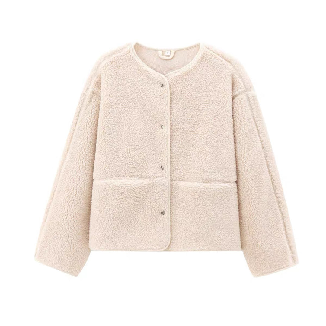 Damen-Teddyfleece-Kurzjacke, Rundhalsausschnitt