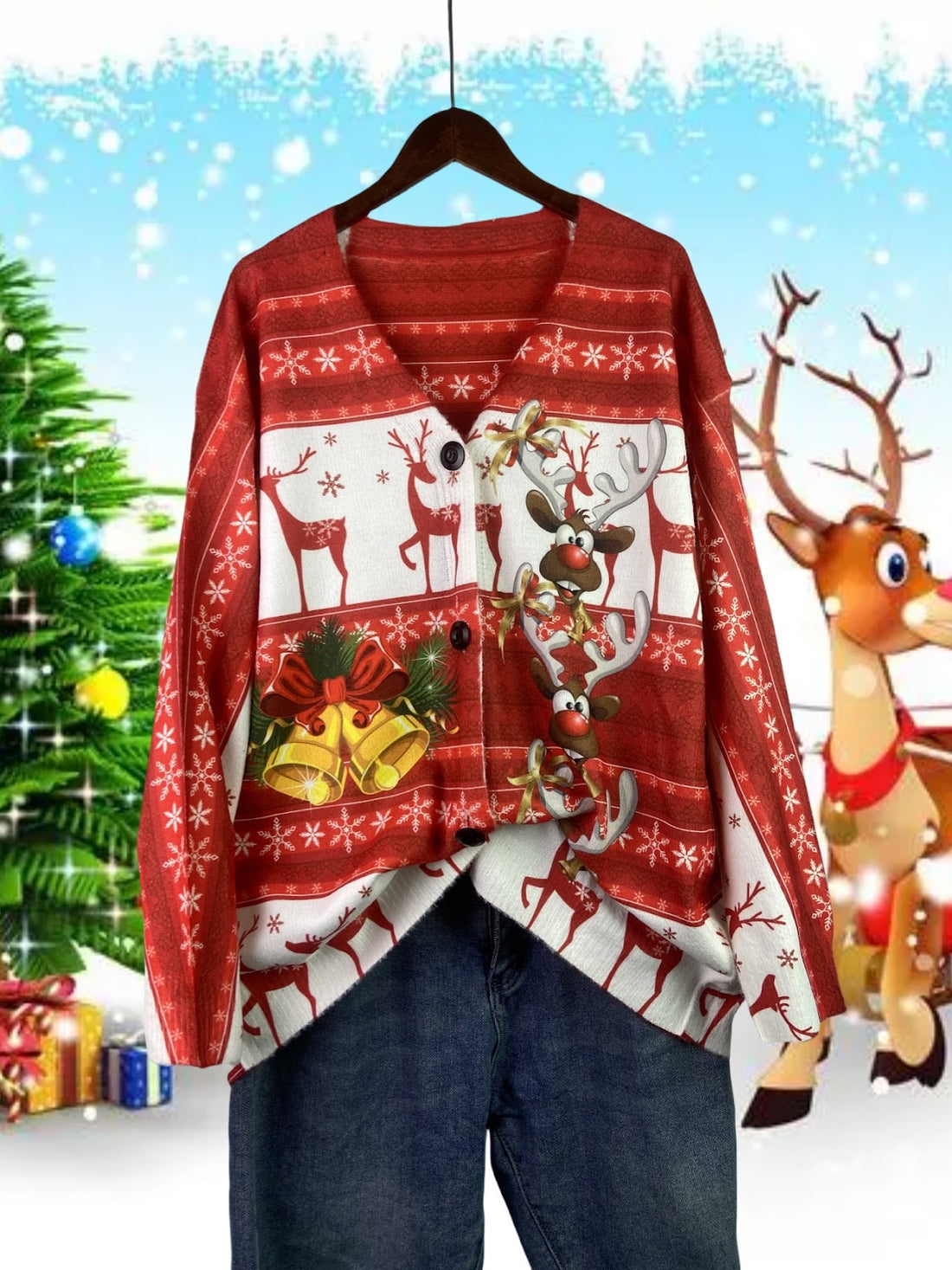 Festliche Strickjacke mit Weihnachtsmotiven, V-Ausschnitt