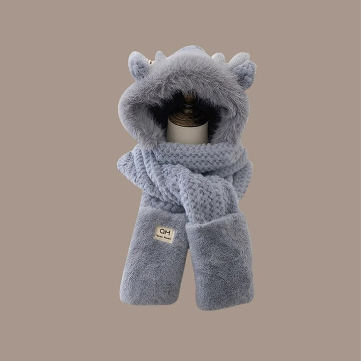 Damen Winter-Set: Plüsch-Kapuzenmütze mit Schal und Handschuhen
