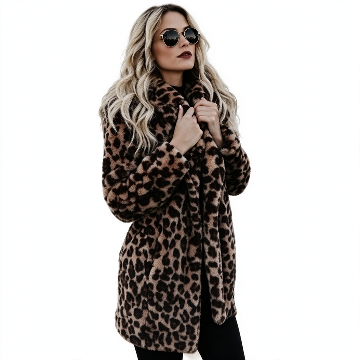 Damen-Kunstpelzmantel mit Leopardenmuster und Revers