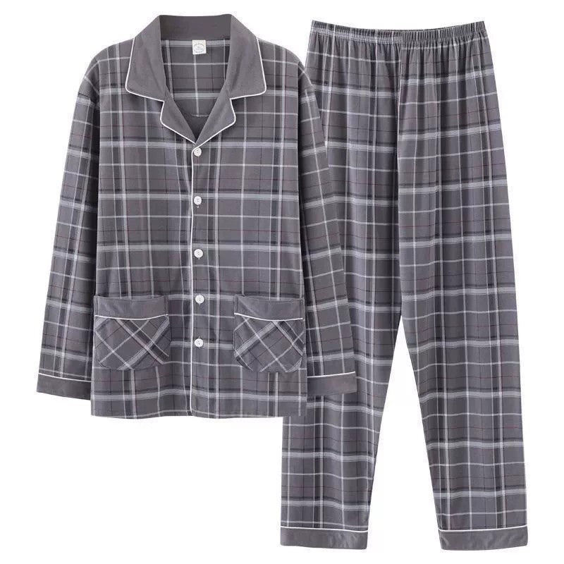 Herren-Pyjama-Set, Baumwolle, Langarm, kariert