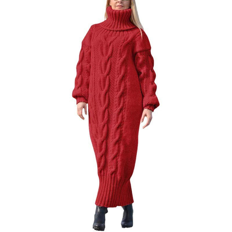 Langer Damen-Rollkragenpullover mit Zopfmuster