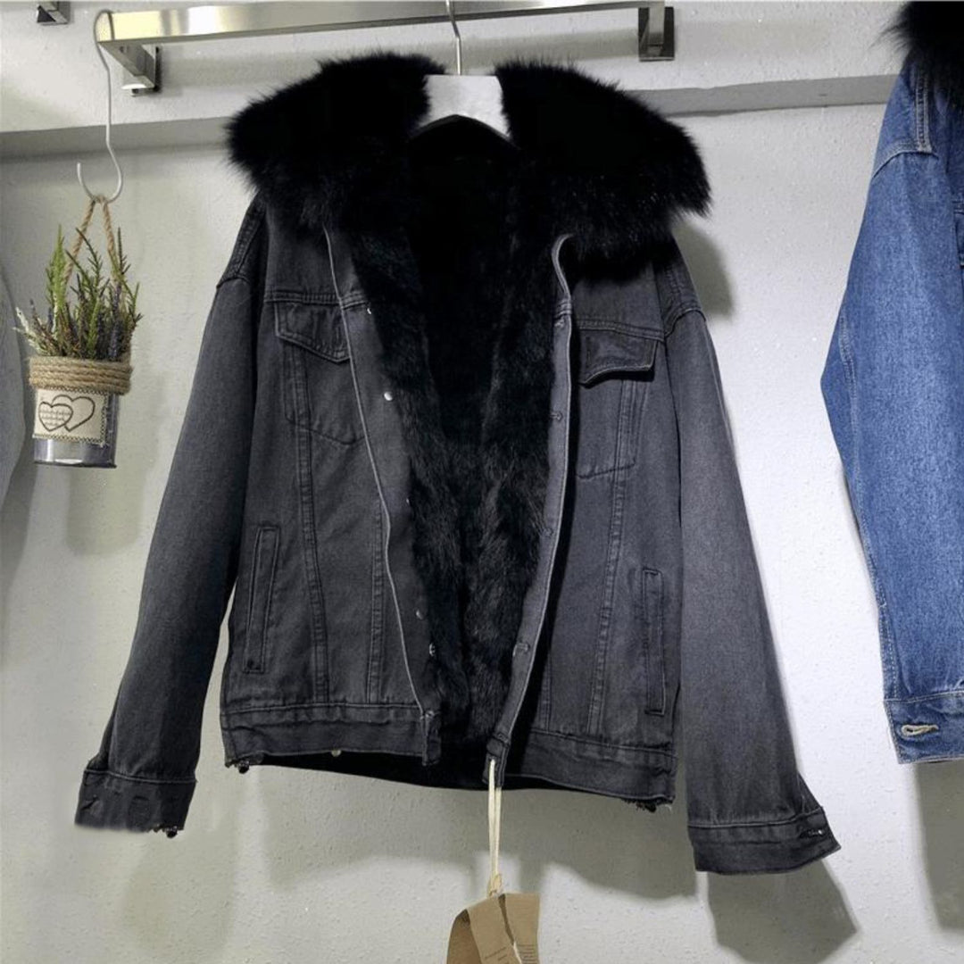 Gefütterte Damen-Jeansjacke mit Fellkragen, kurz