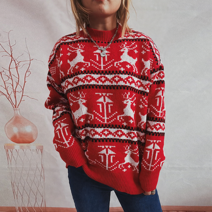 Damen-Weihnachtspullover mit Rentier-Motiv, Rundhalsausschnitt