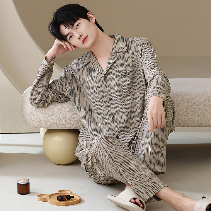 Herren-Pyjama-Set, Baumwolle, Langarm, klassisch