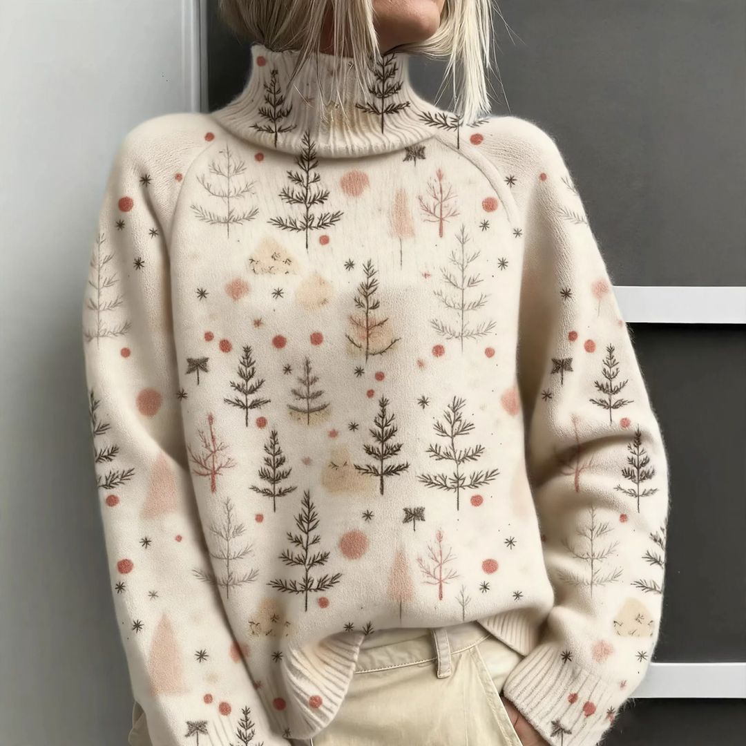 Lockerer Damen-Pullover mit Rollkragen und Weihnachts-Print