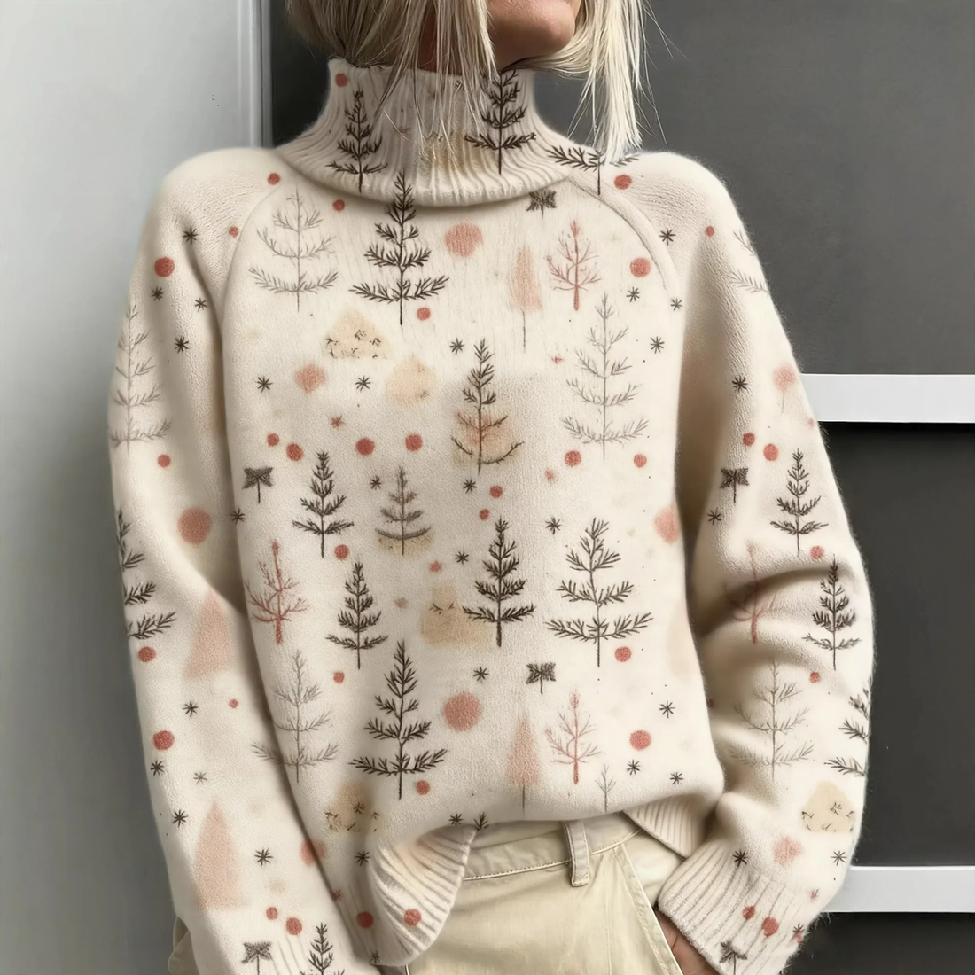 Lockerer Damen-Pullover mit Rollkragen und Weihnachts-Print