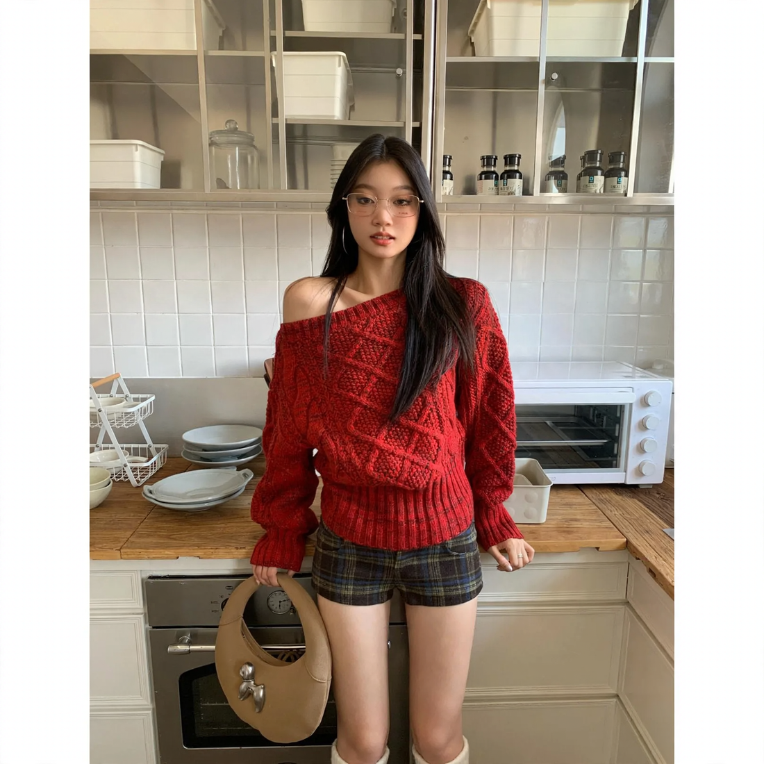 Kurzer Strickpullover mit Rautenmuster