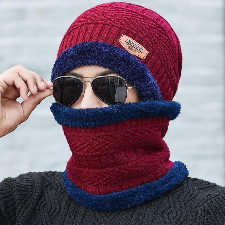 Gefüttertes Strickmützen- und Schal-Set für Herren