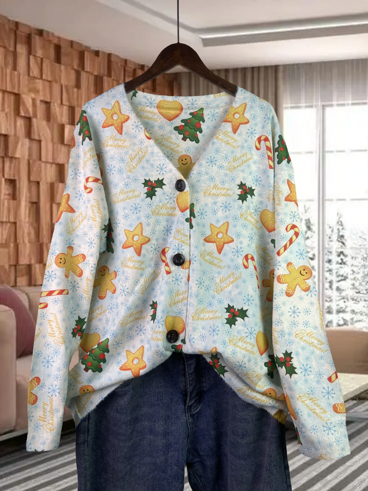 Festliche Strickjacke mit Weihnachtsmotiven, V-Ausschnitt