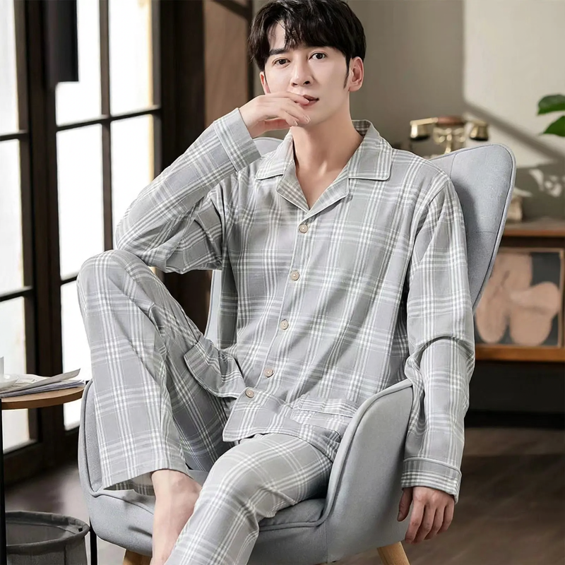 Herren-Pyjama-Set, 100% Baumwolle, langärmelig, geknöpft
