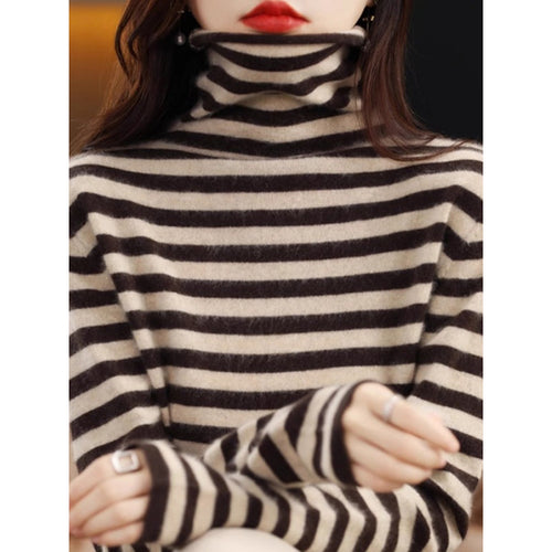 Damen-Strickpullover, gestreift, Stehkragen