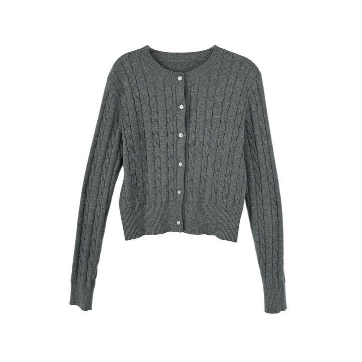 Damen-Strickjacke mit Zopfmuster und Rundhalsausschnitt