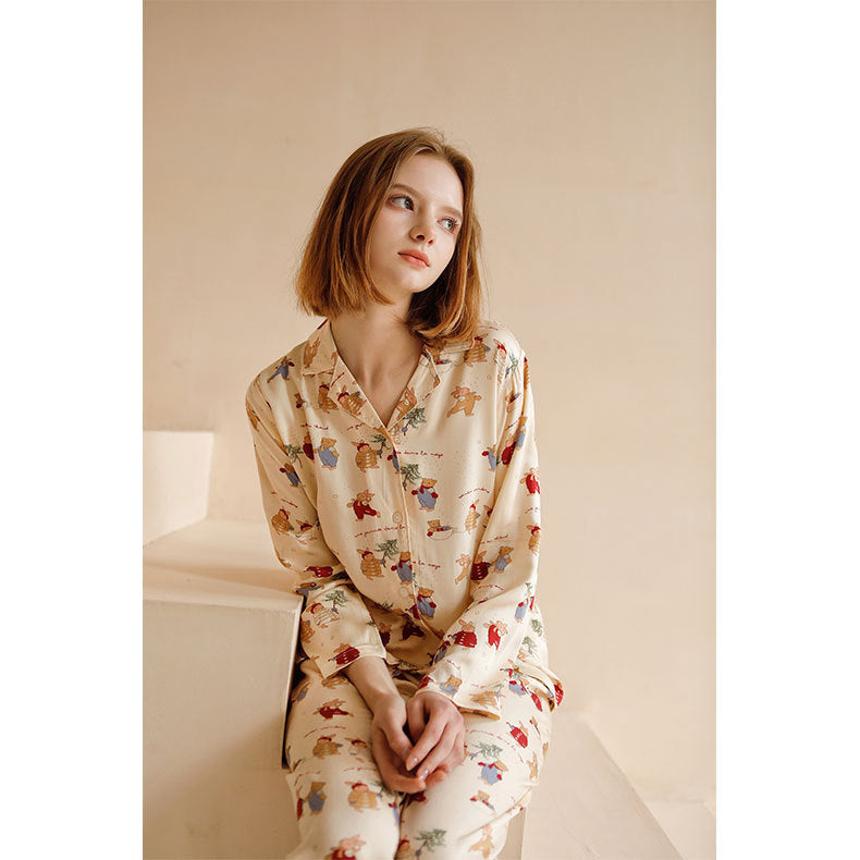 Damen-Pyjama-Set, Satin-Optik, Weihnachtshasen-Druck