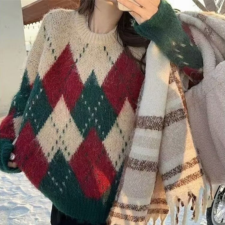 Damen-Strickpullover, locker, mit Rautenmuster