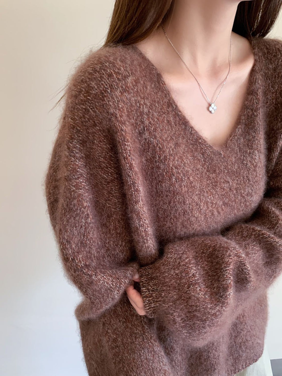 Damen V-Ausschnitt Pullover, Wolle-Kaschmir, gebürstet