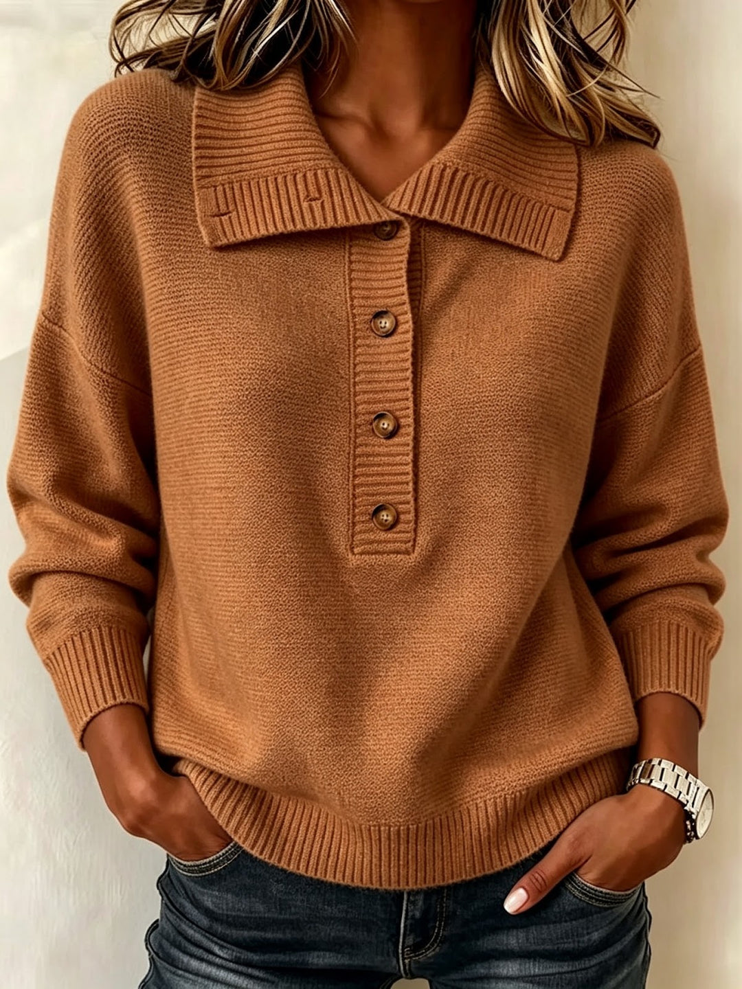 Damen-Strickpullover mit Knopfleiste und Stehkragen