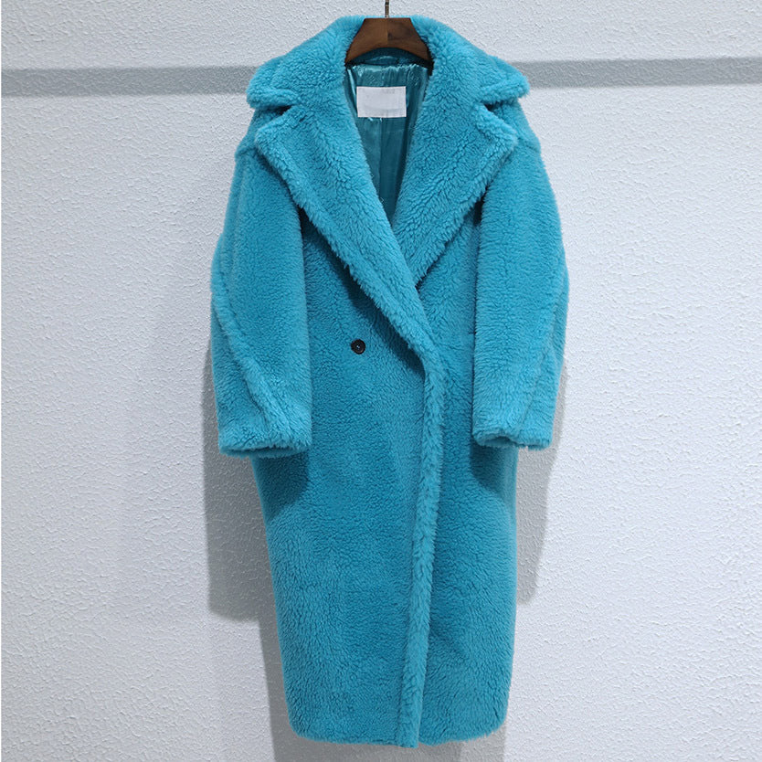 Langer Teddy-Mantel mit V-Ausschnitt