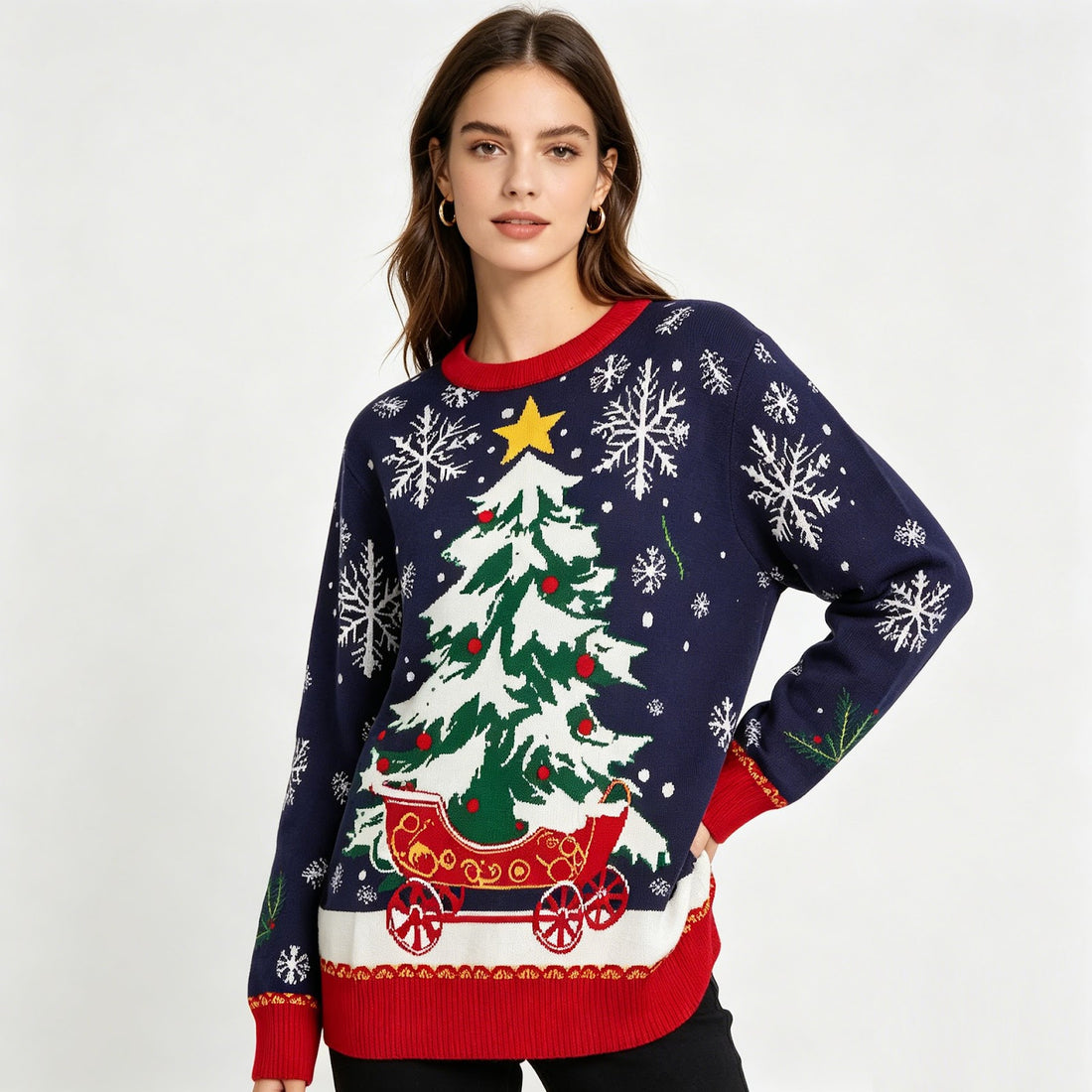 Weihnachts-Strickpullover mit Tannenbaum-Jacquard