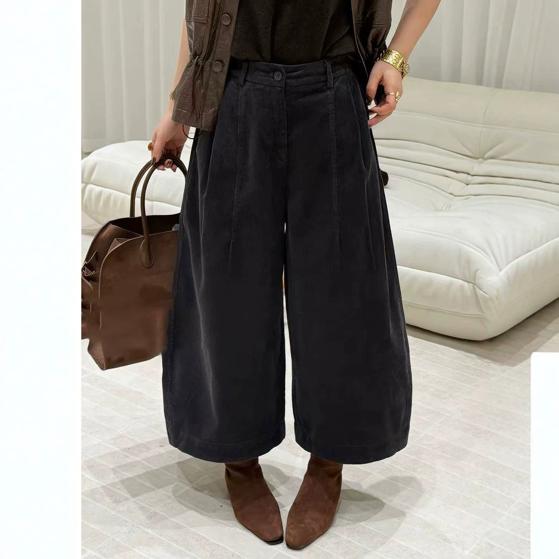 Kord-Hosen mit weitem Bein, High-Waist, Herbst/Winter