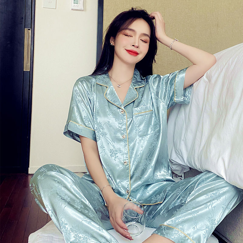 Damen-Pyjama-Set, Eisseide, Kurzarm, lange Hose