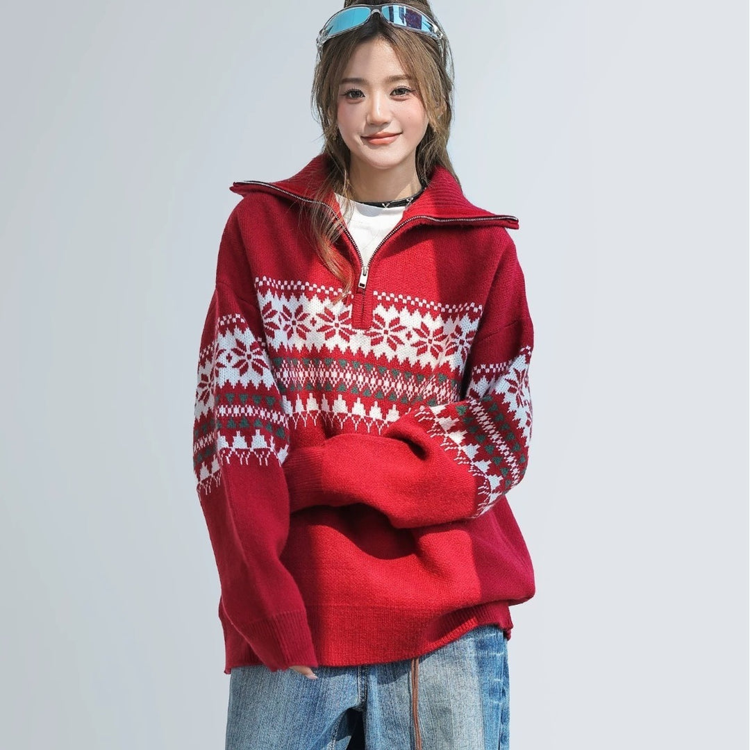 Damen-Strickpullover mit Reißverschluss und Kragen