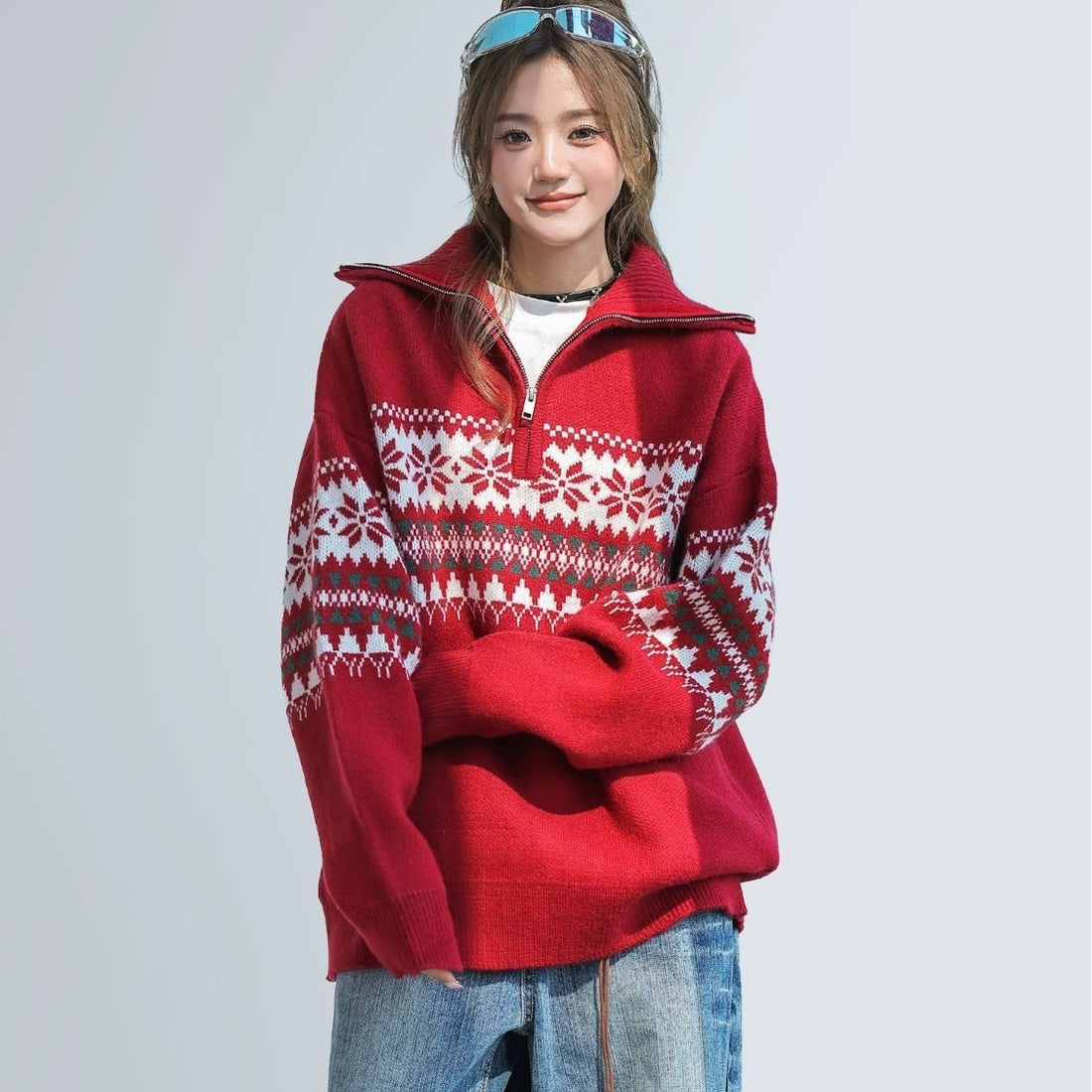 Damen-Strickpullover mit Reißverschluss und Kragen