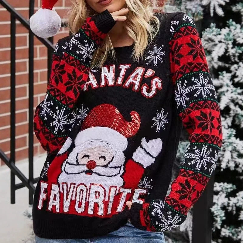 Damen-Strickpullover mit Weihnachtsmotiv, locker geschnitten