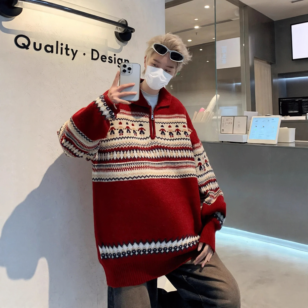 Weihnachts-Strickpullover, Polo-Kragen, Vintage-Stil