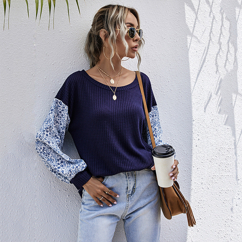 Damen Leichter Waffelstrick-Pullover mit floral gemusterten Balloonärmeln Echoarchiv