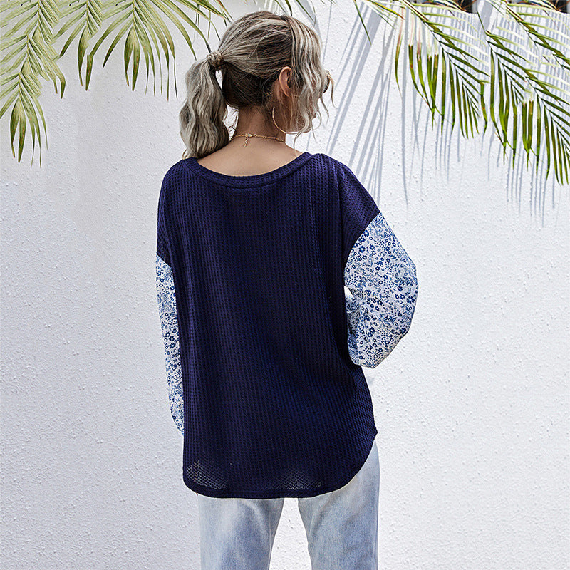 Damen Leichter Waffelstrick-Pullover mit floral gemusterten Balloonärmeln Echoarchiv