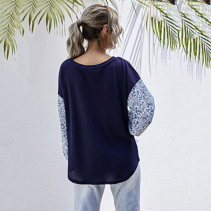 Damen Leichter Waffelstrick-Pullover mit floral gemusterten Balloonärmeln Echoarchiv