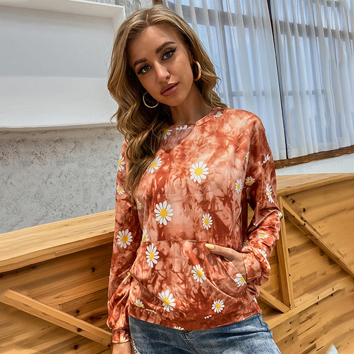 Damen locker geschnittenes Sweatshirt mit Gänseblümchen‑Print Batik‑Optik und Kängurutasche – Avérine